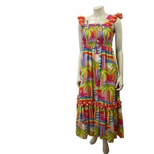 Crosby by Mollie‎ Burch Colorful Smocked Maxi Dress Ruffled Straps & Hem Md